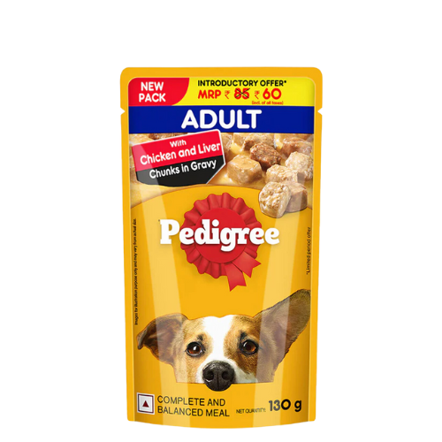 PEDIGREE ADULT CHICKEN & LIVER CHUNKS IN GRAVY FOOD FOR DOG’S 130gm.
